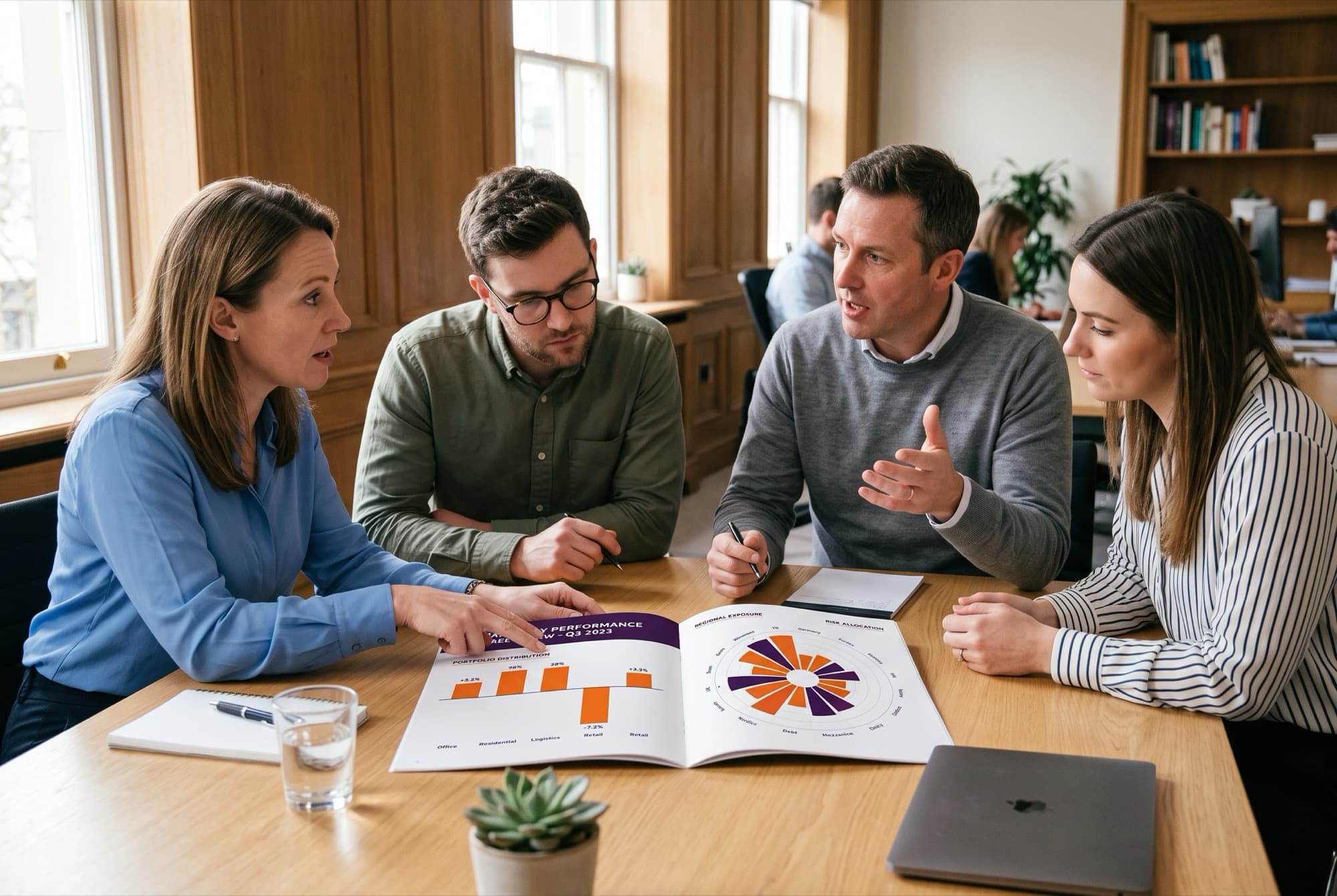 Four asset managers reading an open printed Spire benchmark report.